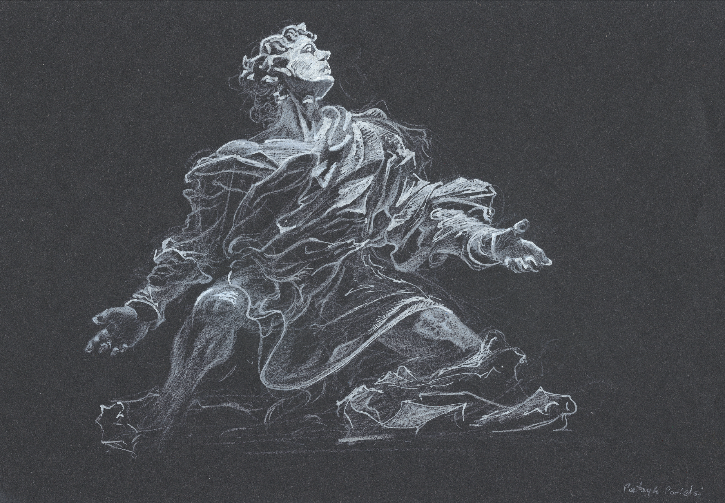 Sketch of a woman sitting on the ground, looking upward with one arm resting on her knee, wearing a flowing dress, detailed in white against a dark background.