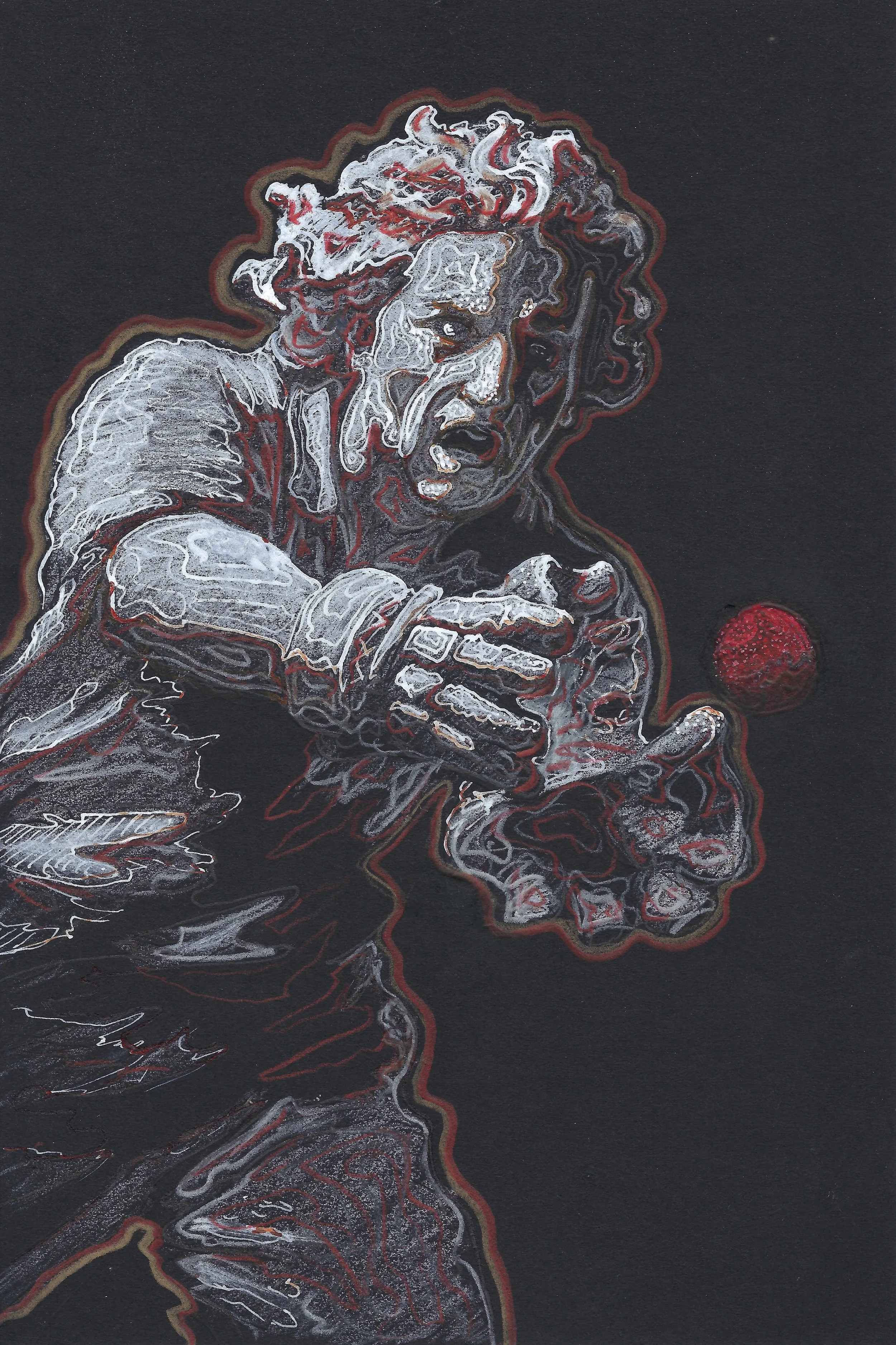 A stylized portrait of a woman with curly hair, painted with white, red, and black lines on a black background. She is looking down, with her hand near her face, and there is a small red circle near her hand.