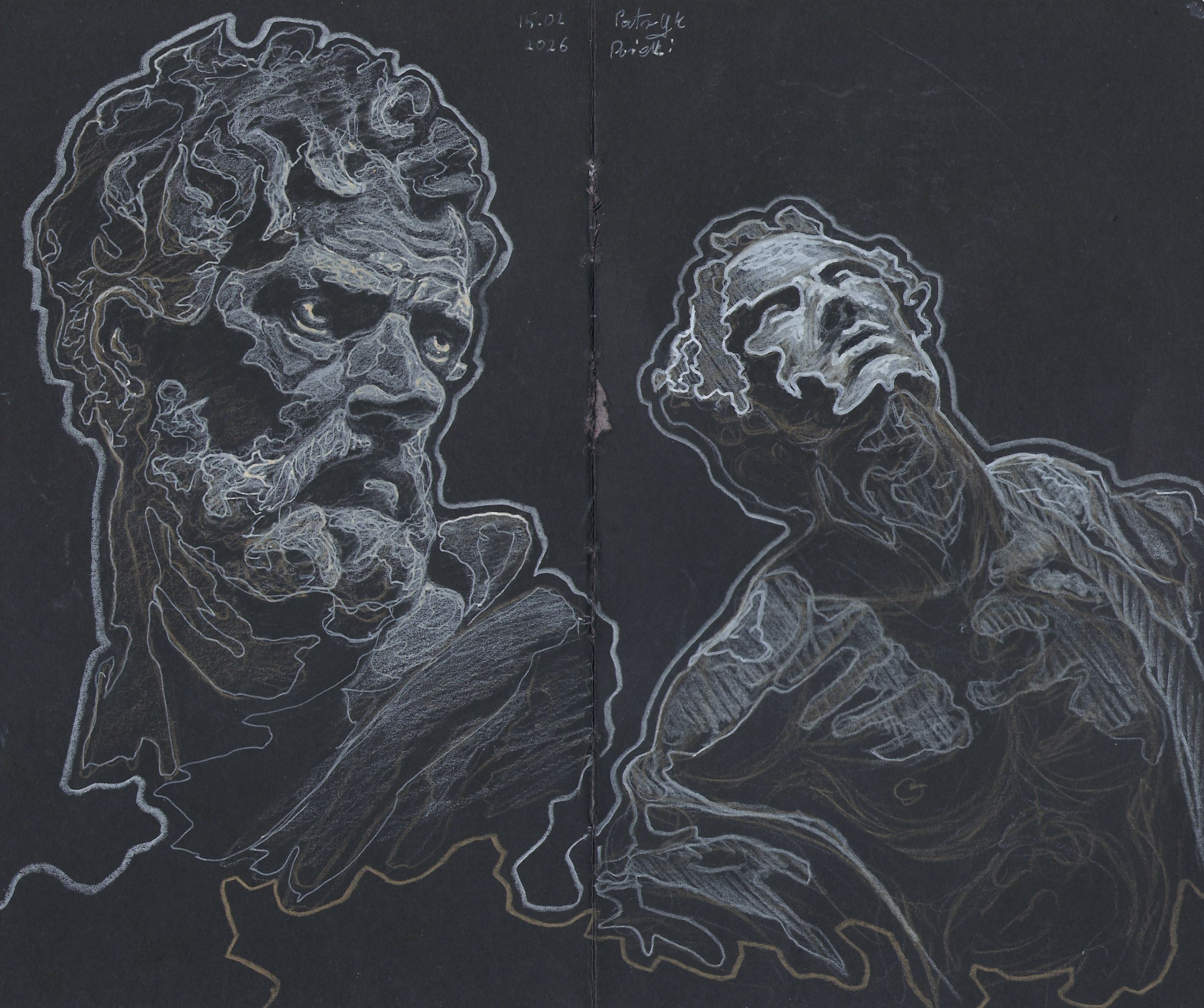 White chalk sketches of a lion and a man on a black chalkboard, with handwritten notes and a date 15.02.2026.