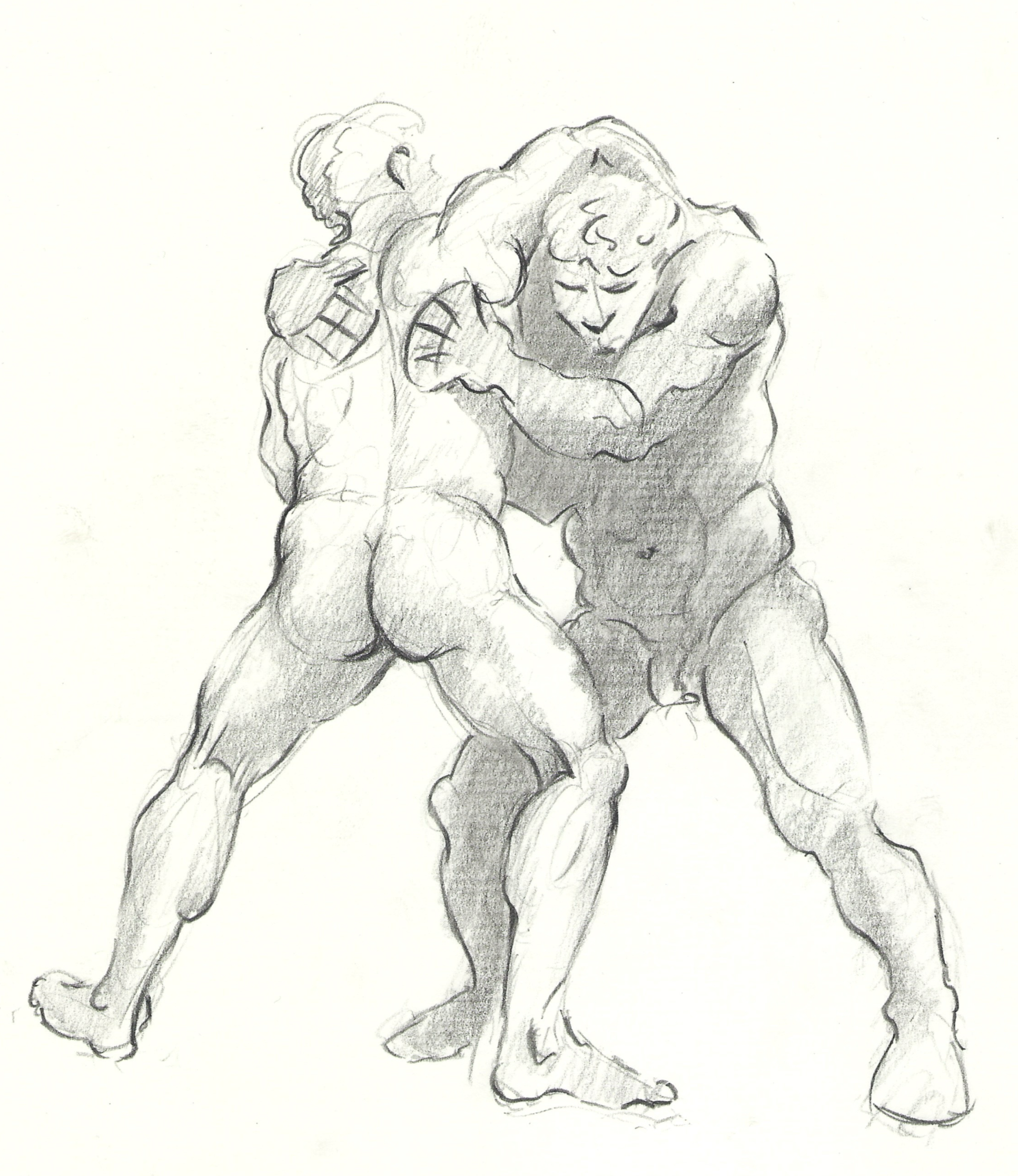 A detailed pencil sketch of two muscular lions standing together, with one lion's mouth open and the other with closed eyes, showing intense expressions.