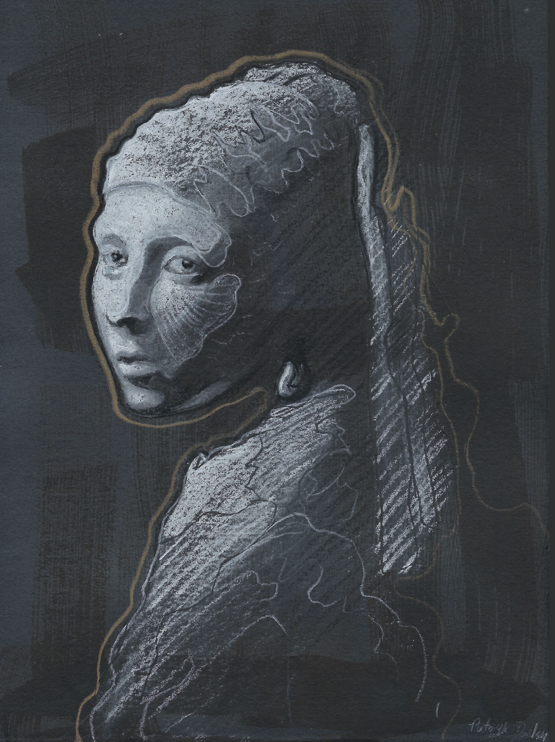 A chalk drawing of a woman with long hair, eyes closed, with a ghostly, translucent face overlayed on her cheek, on a dark background. The drawing is detailed with shading and line work.