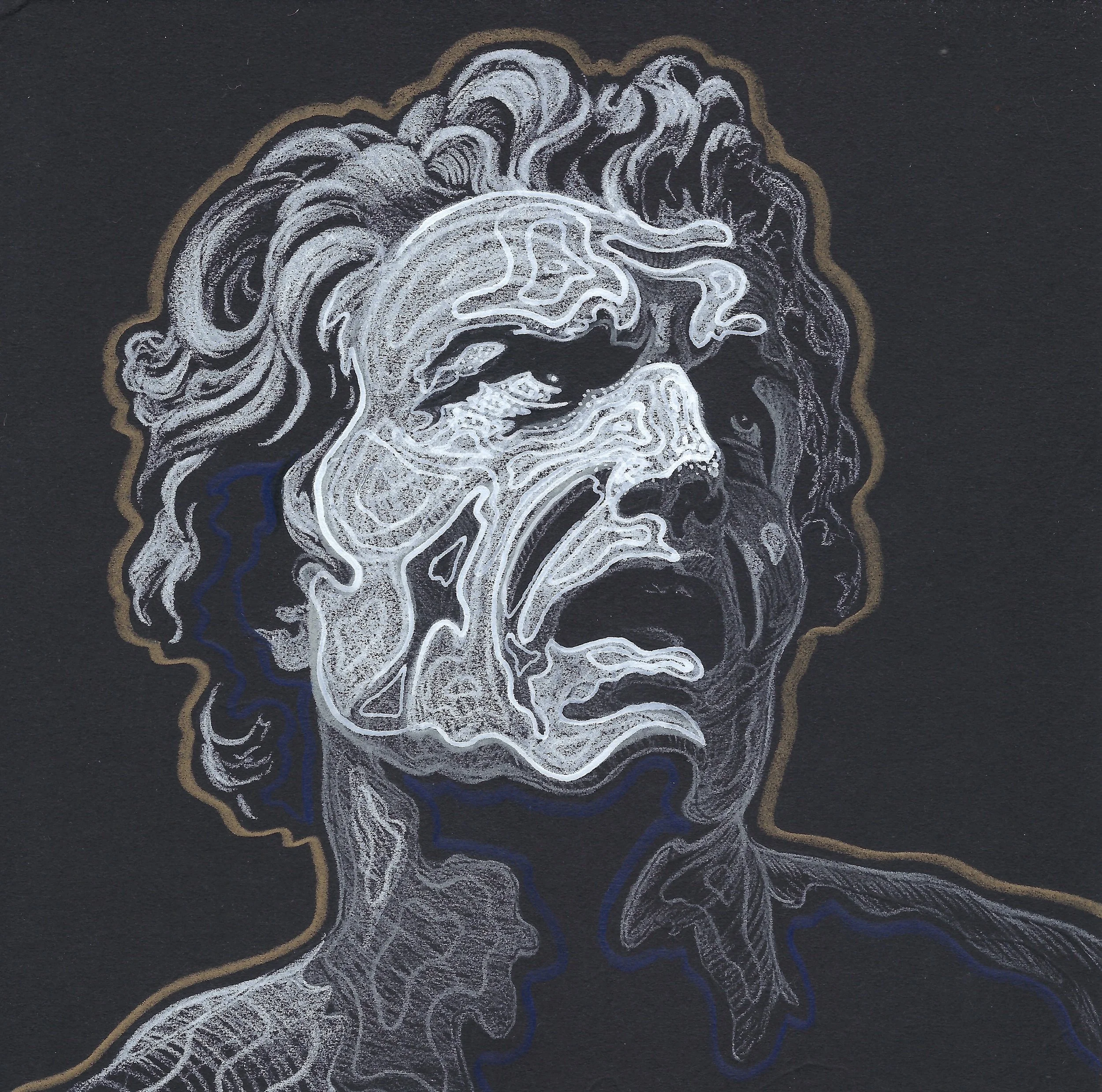 A chalk drawing of a person's profile on a blackboard, with detailed hair, face, and neck, outlined in shades of white, gold, blue, and black.