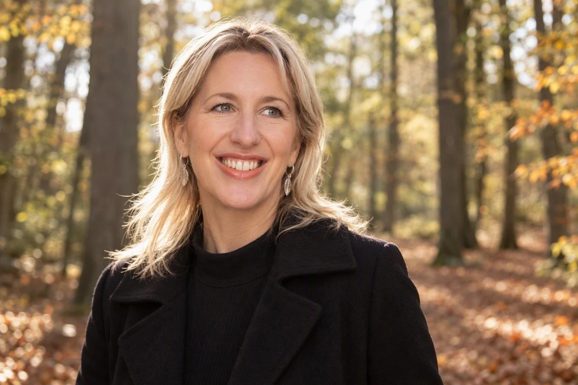 Emma Miller, independent civil funeral celebrant, smiling in autumn woodland