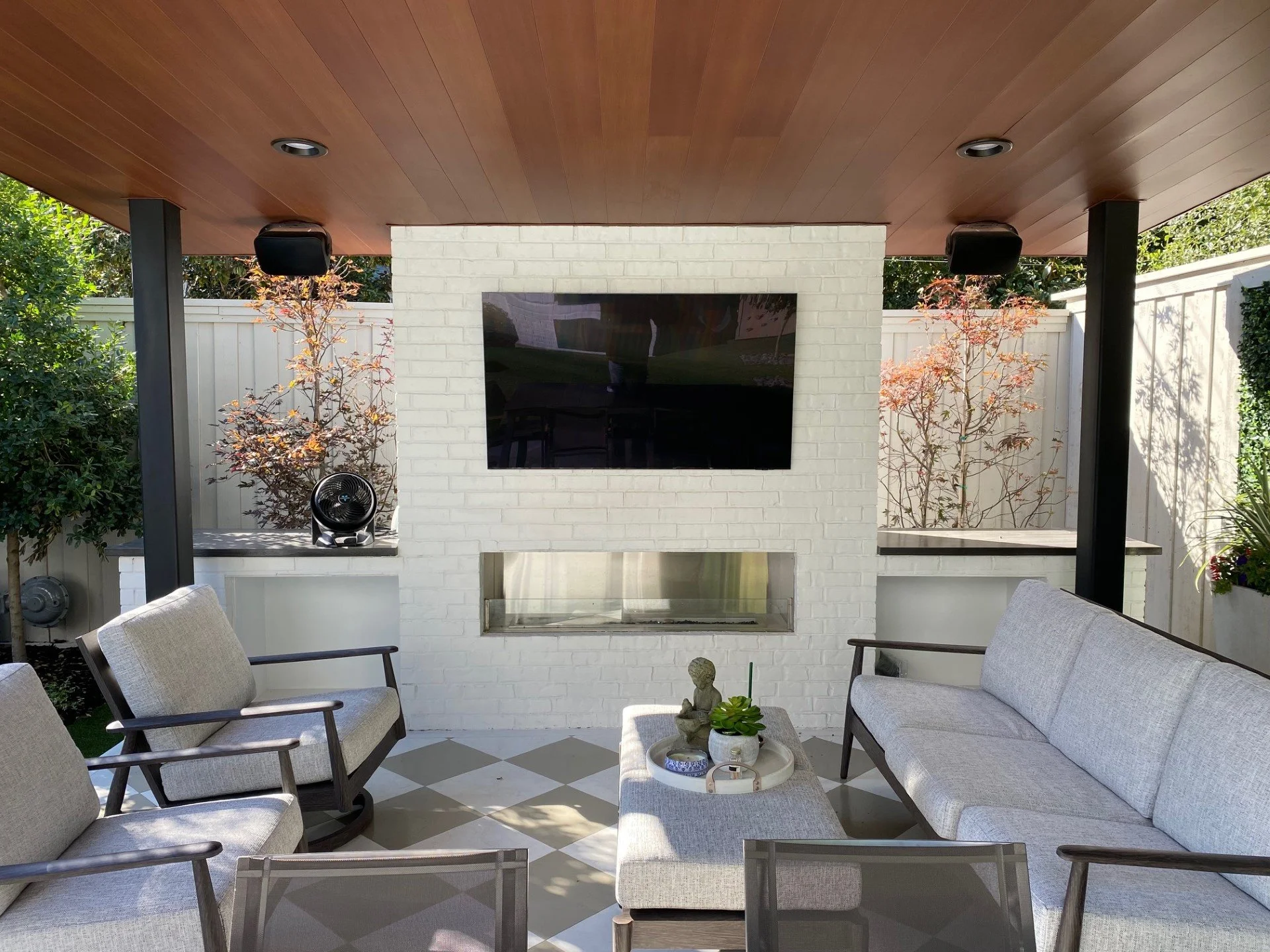 Covered outdoor living room with TV, fireplace and lounge seating