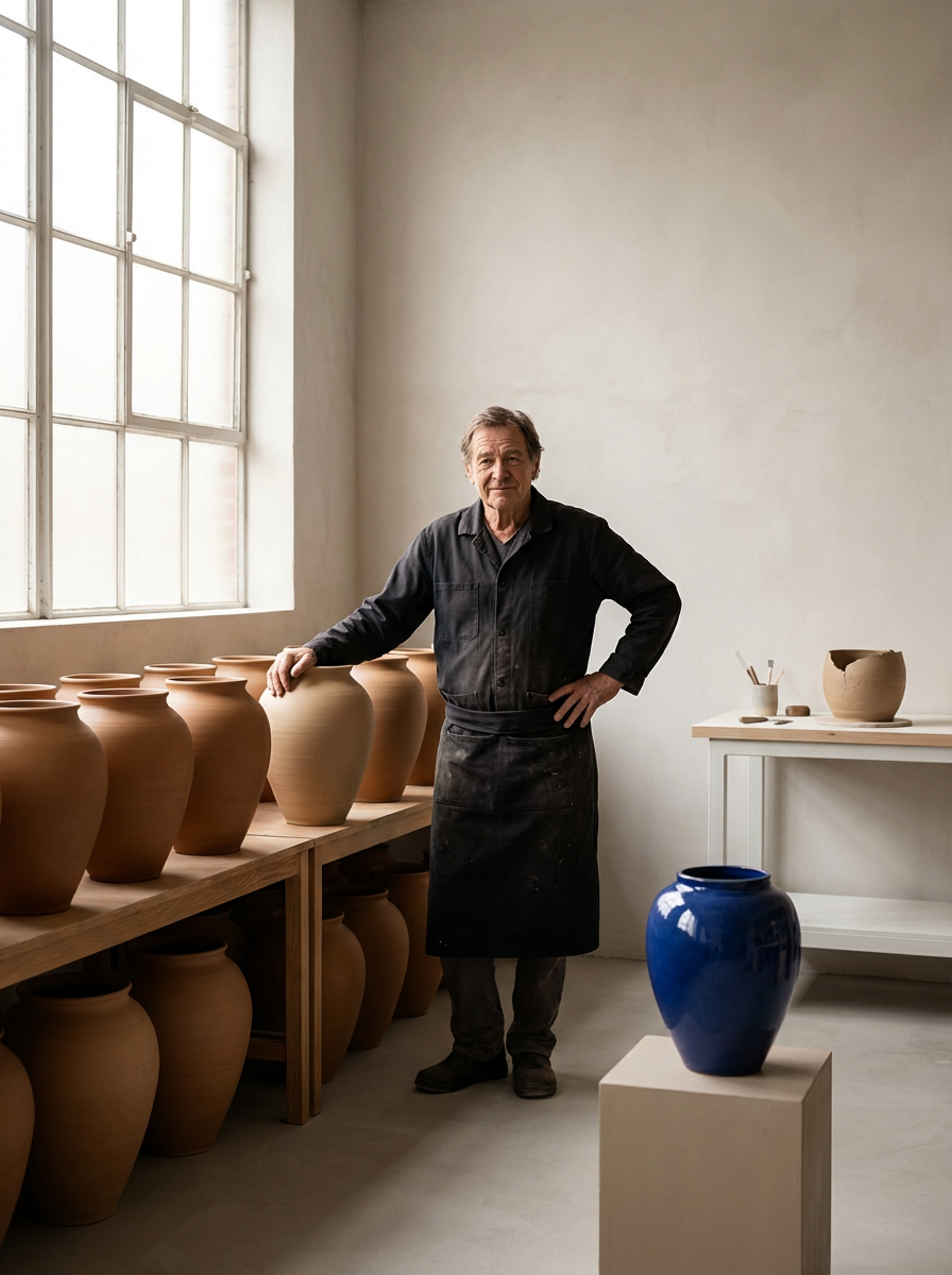 An elderly man in black attire and apron stands in a pottery studio, leaning on a table with multiple unglazed clay pots, with a shelf of finished pots and a blue glazed ceramic in front, near a large window.