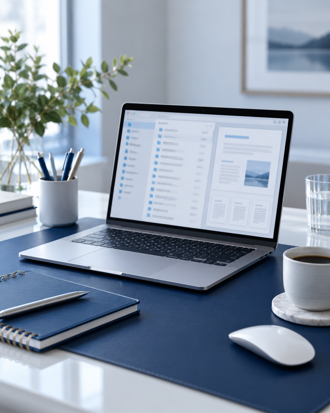 Laptop and organised digital documents on a navy and white workspace.