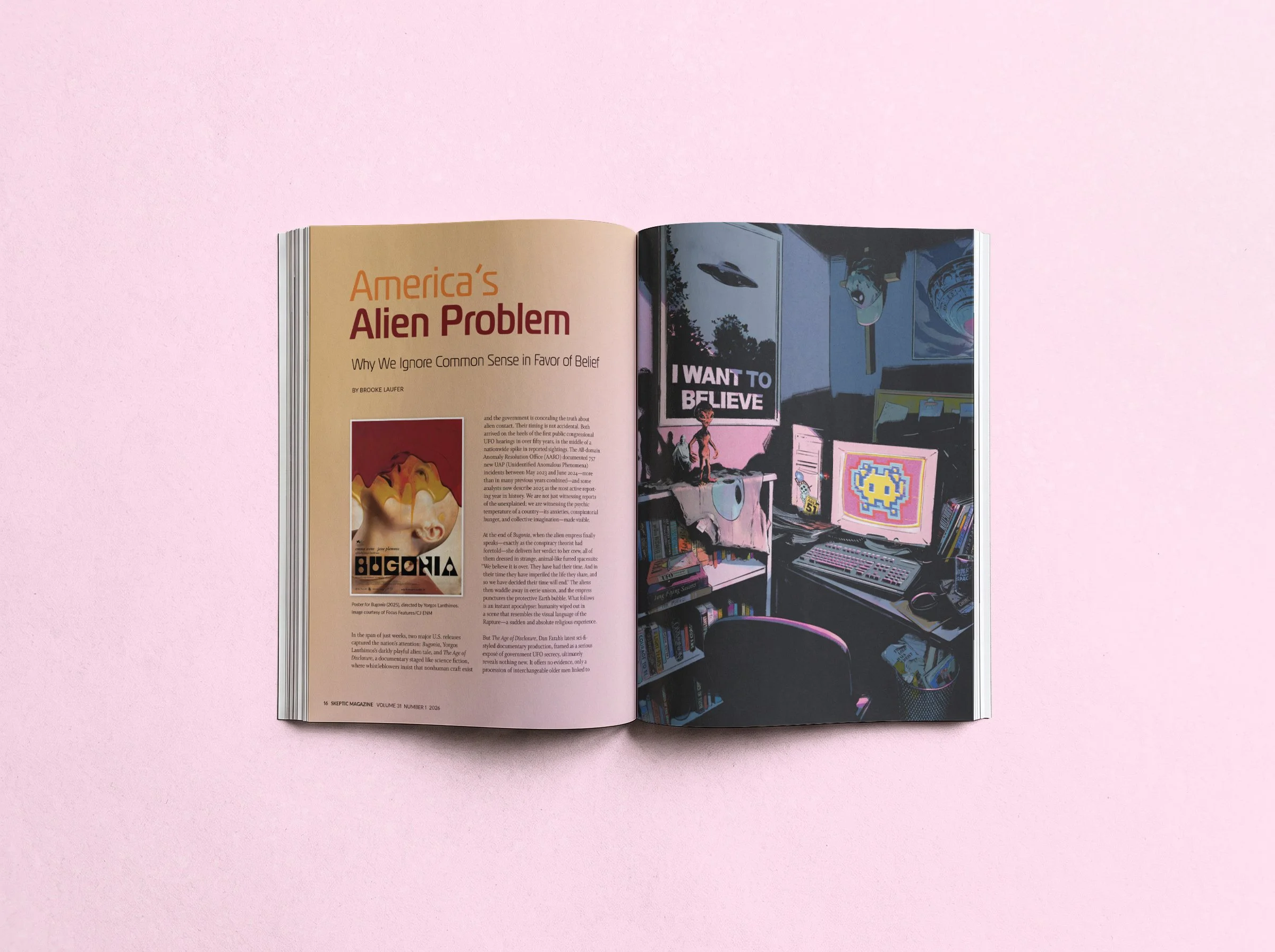 Full page illustration for 'America’s Alien Problem: Why We Ignore Common Sense in Favor of Belief' by BROOKE LAUFER.