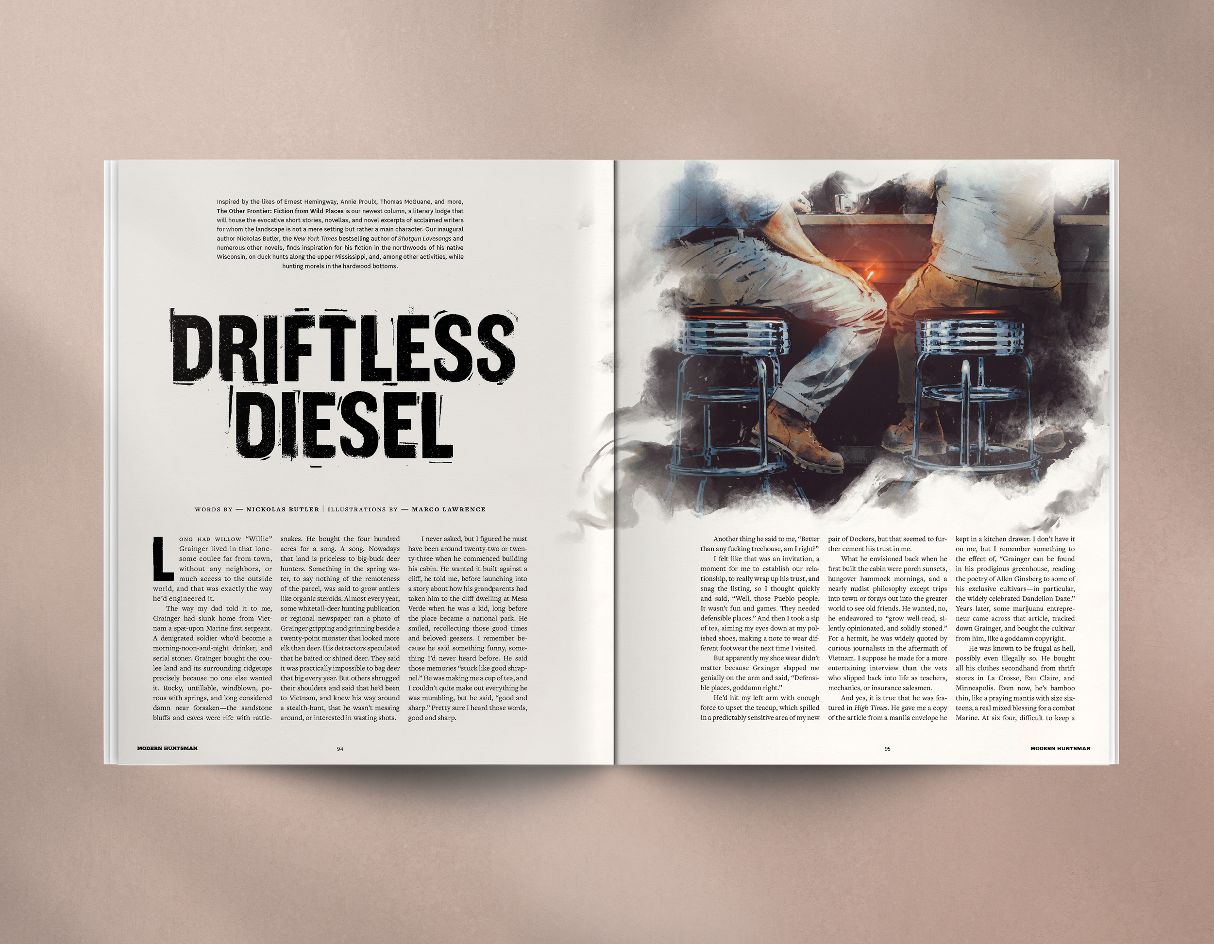 Half page illustration for 'Driftless Diesel' a short story by Nikolas Butler.