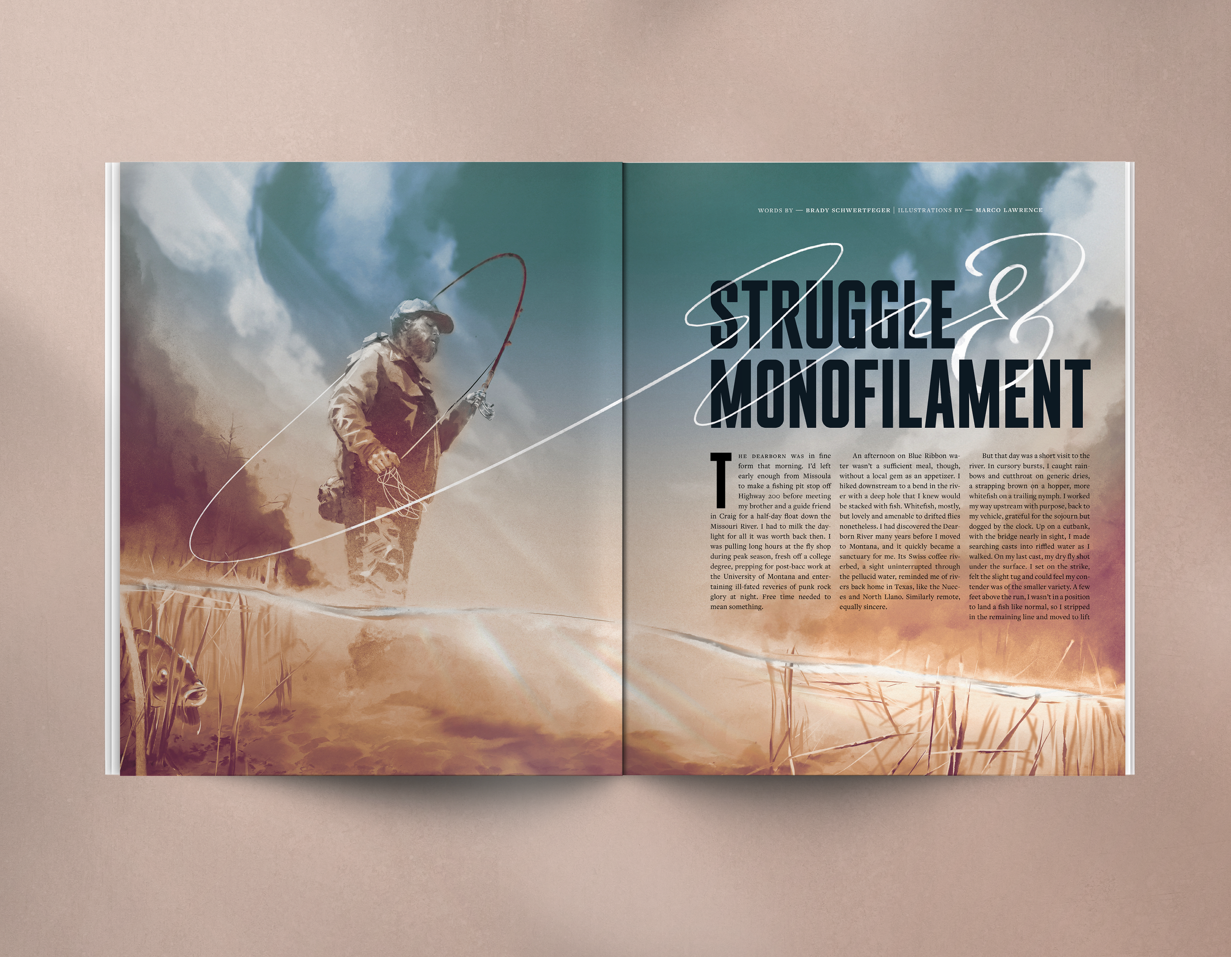 Double page spread for 'Struggle & Monofilament' an essay by Brady Schwertfeger