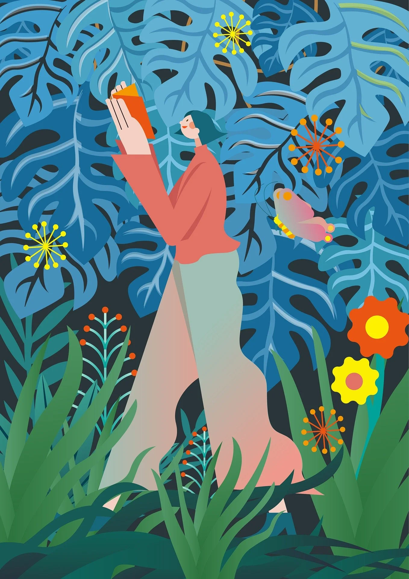 Ilustración de una persona leyendo un libro entre exuberantes hojas tropicales y flores coloridas.