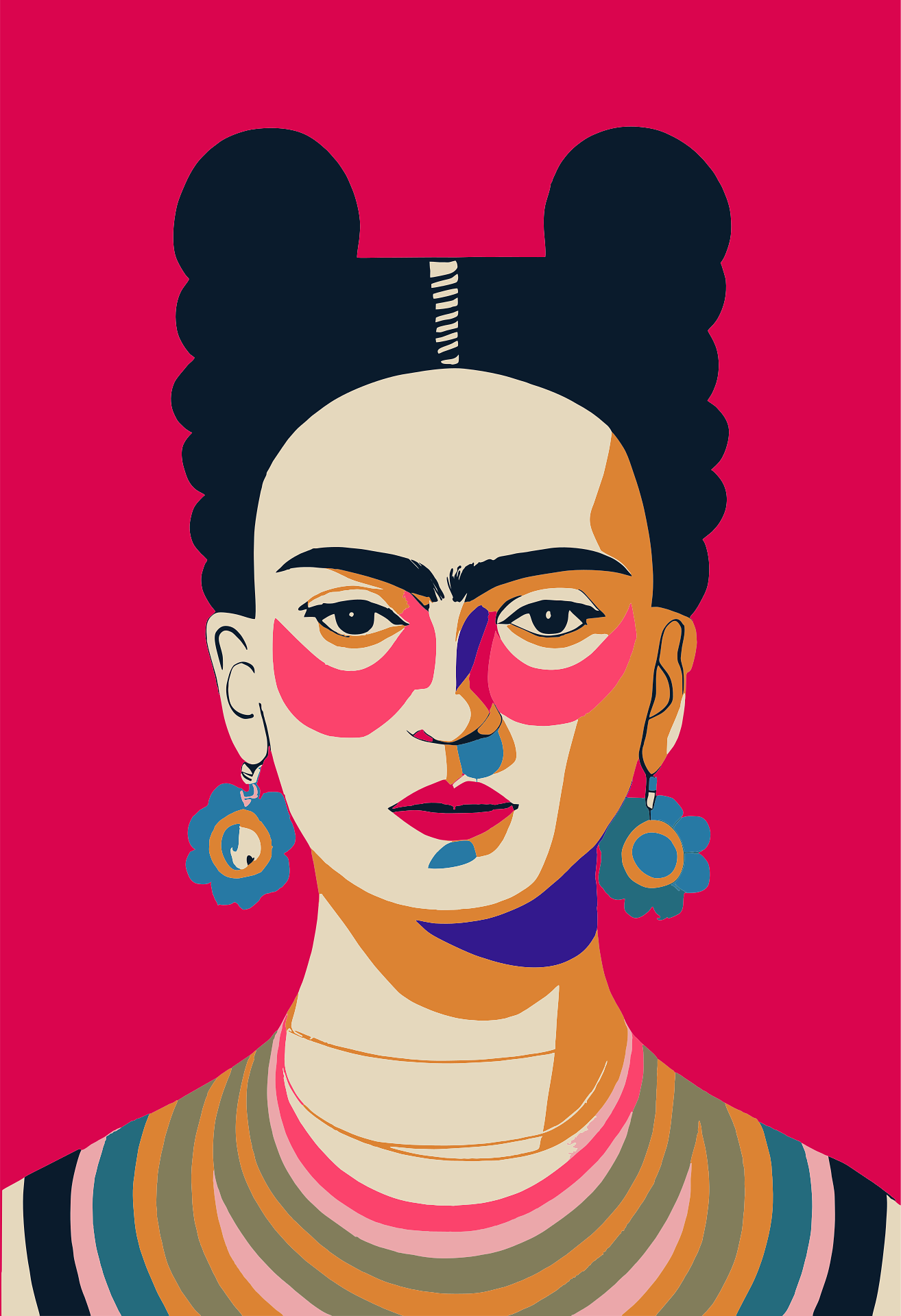 Retrato ilustrado y colorido de una mujer afrodescendiente con cabello recogido, maquillaje llamativo y aretes grandes sobre fondo fucsia