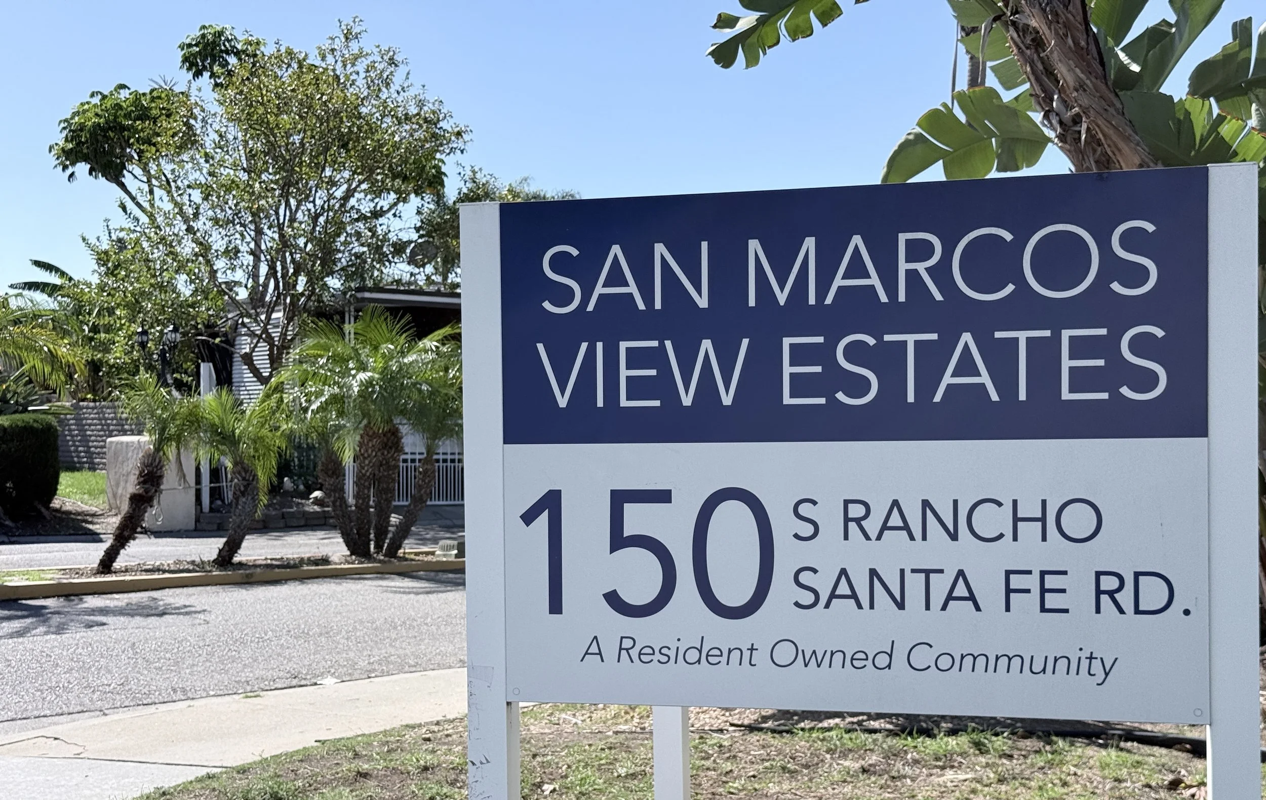 San Marcos View Estates entrance sign at 150 S. Rancho Santa Fe Road, a resident-owned community.