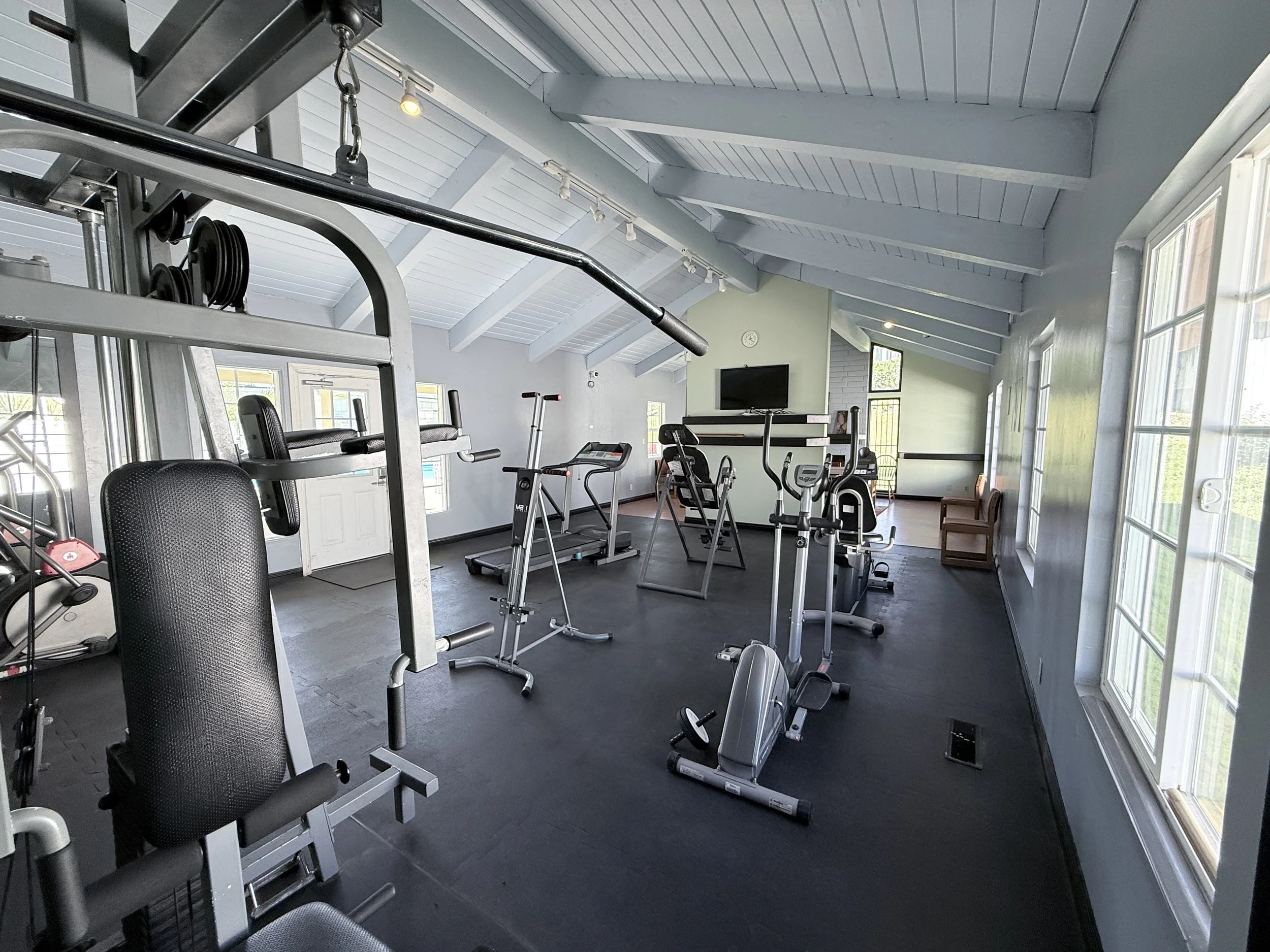 Fitness room with a weight machine, treadmill, ellipticals and exercise bikes, a wall-mounted TV and large windows.