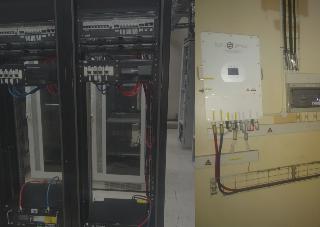 SunSynk power inverter mounted beside electrical equipment racks with circuit breakers, battery cables, and industrial wiring