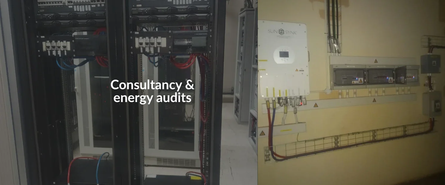 Electrical equipment and solar inverter in a utility room with overlaid text reading “Consultancy & Energy Audits.”