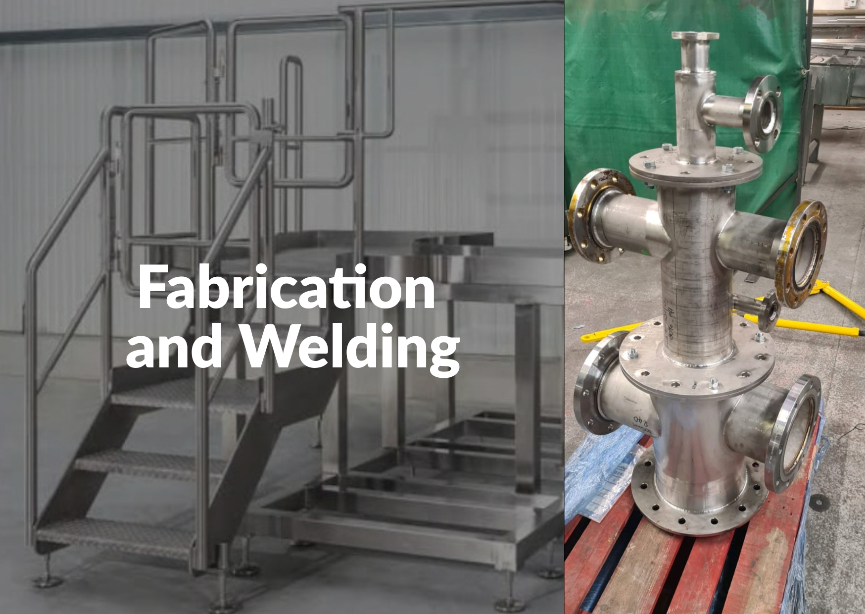 Fabrication and welding of stainless steel industrial pipe assemblies and platforms