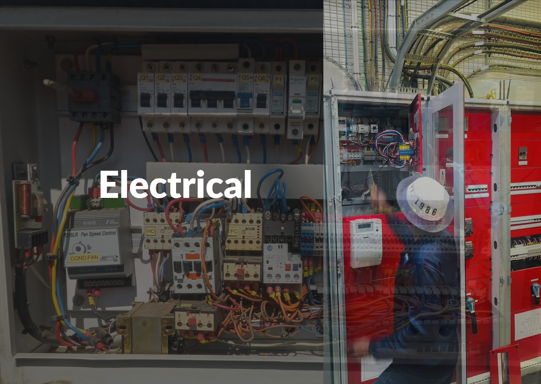 Electrical control panels with circuit breakers, wiring, and industrial switchgear