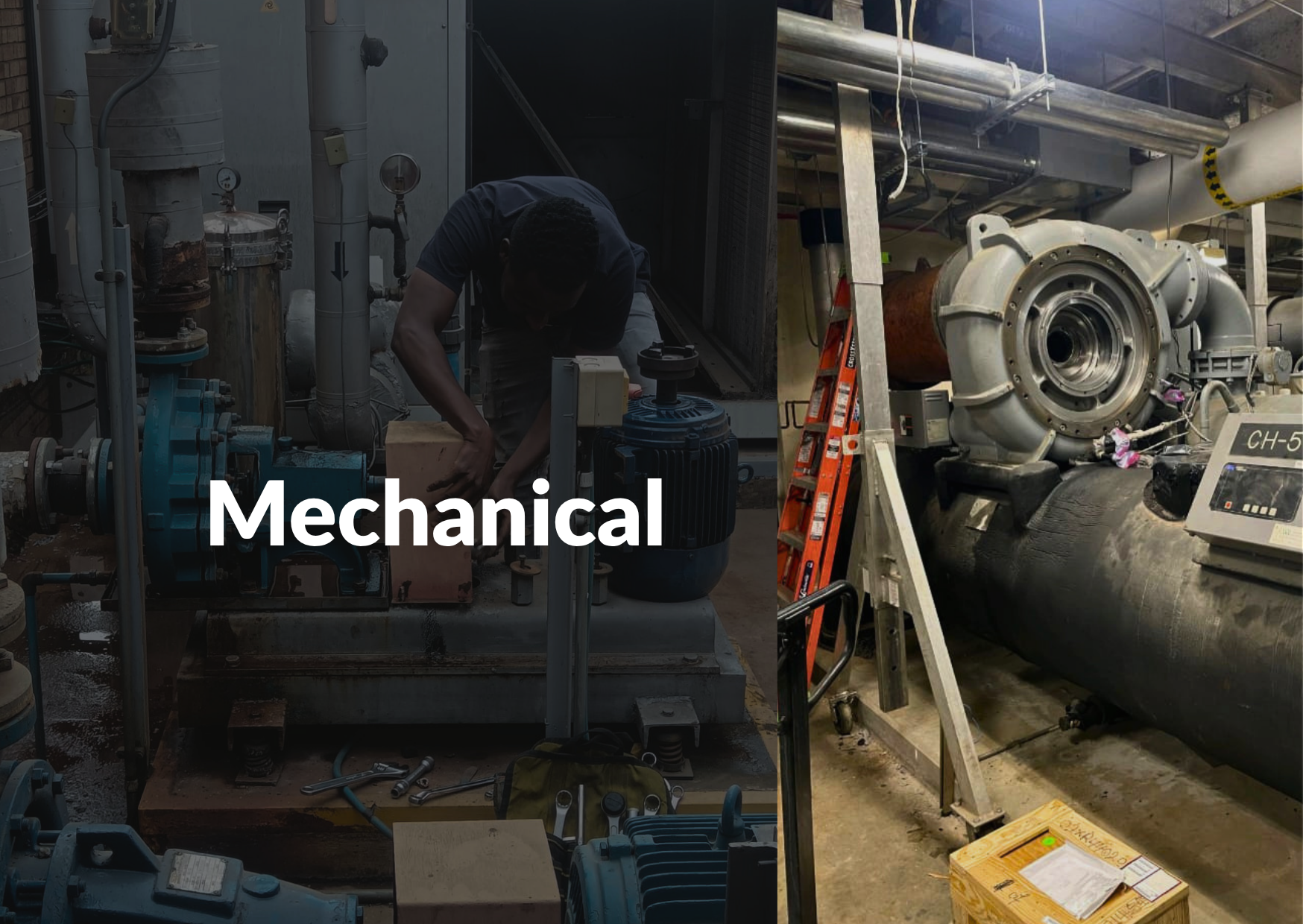 Industrial mechanical maintenance with a technician servicing pumps and motors beside large factory machinery.