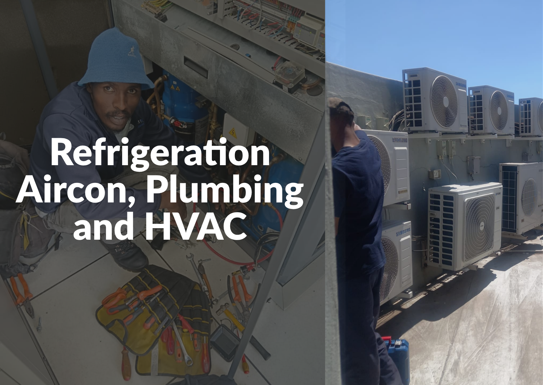 HVAC technician servicing refrigeration equipment beside outdoor Samsung air-conditioning units