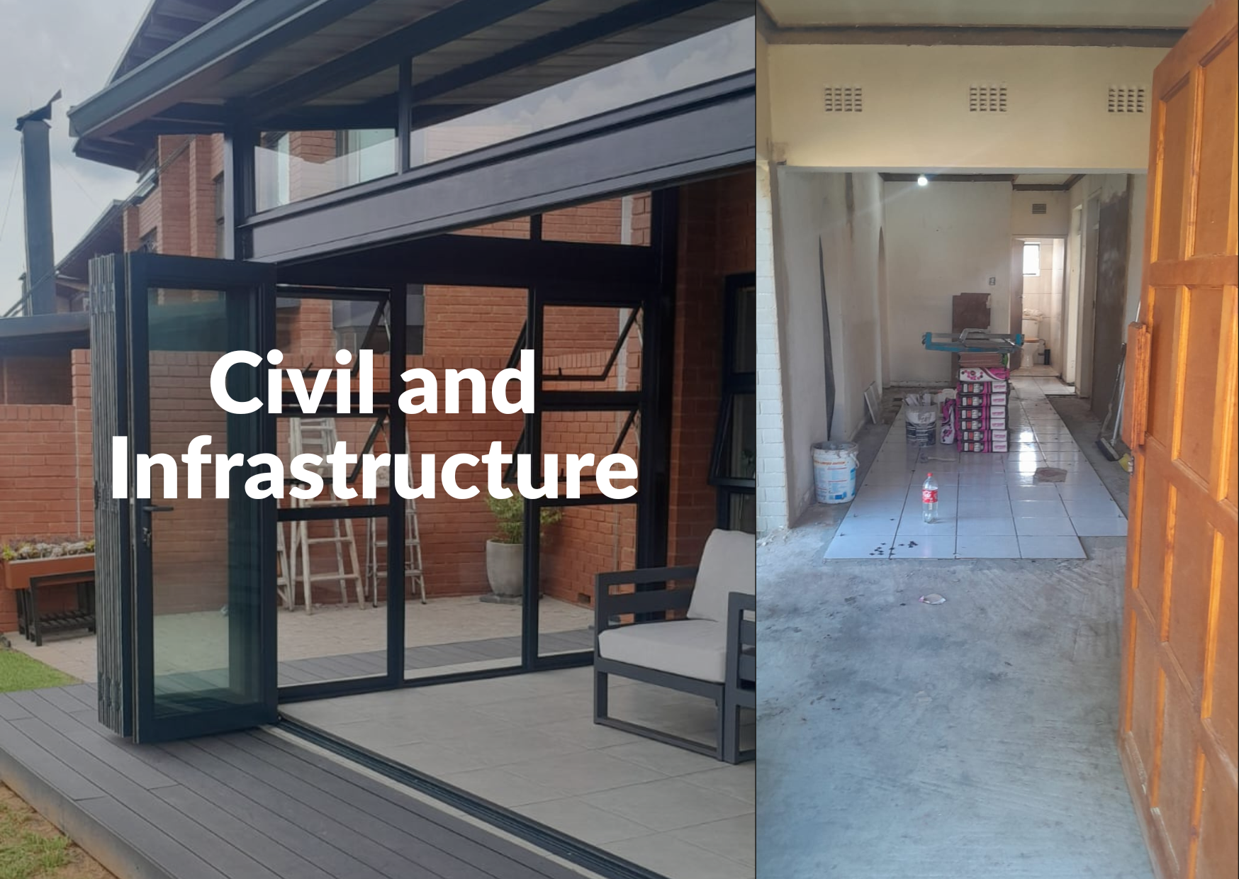 Split image showing a modern brick building exterior with glass doors and patio, alongside an unfinished tiled interior corridor under renovation.