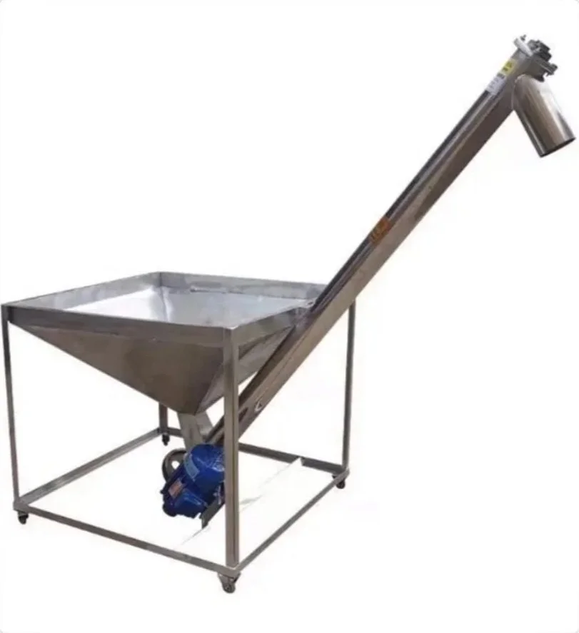 Stainless steel hopper conveyor with inclined screw auger, electric motor, and wheeled frame