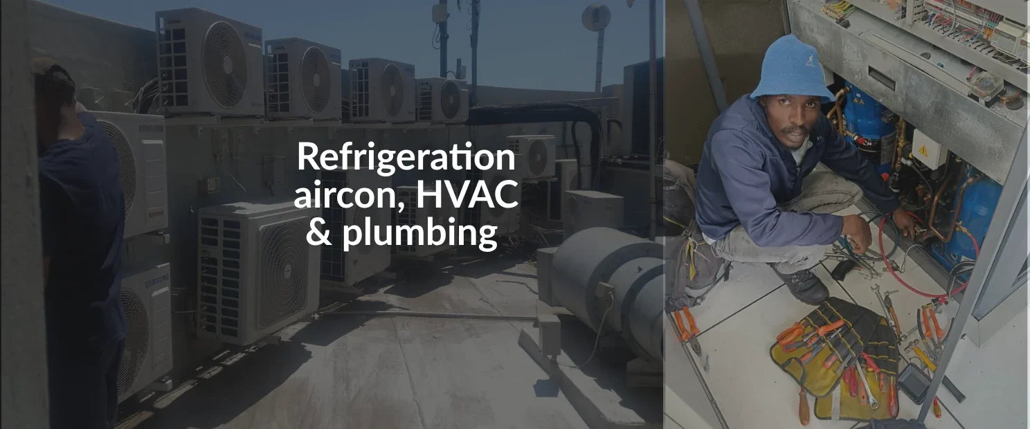 HVAC technician servicing refrigeration equipment beside outdoor Samsung air-conditioning units