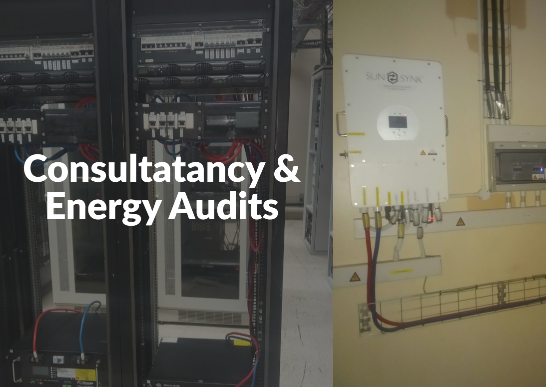 Electrical equipment and solar inverter in a utility room with overlaid text reading “Consultancy & Energy Audits.”