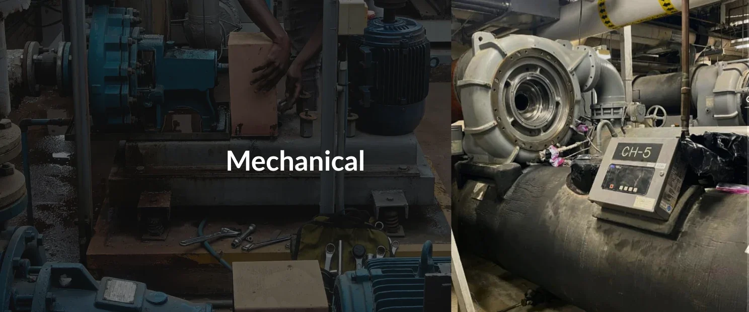 Industrial mechanical maintenance with a technician servicing pumps and motors beside large factory machinery.