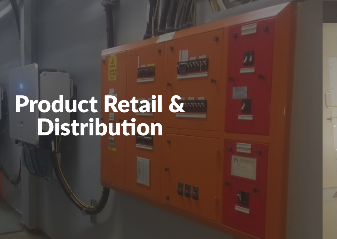 Orange industrial electrical control panel with warning labels and wiring, overlaid with “Product Retail & Distribution” text