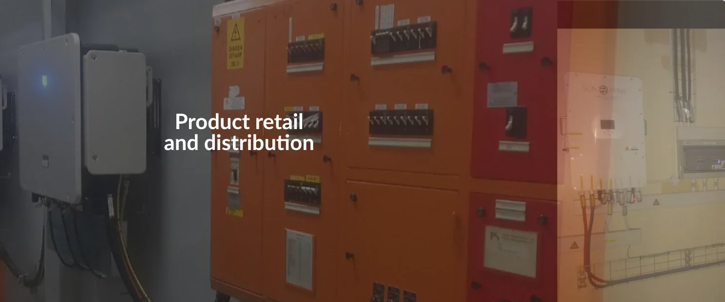 Orange industrial electrical control panel with warning labels and wiring, overlaid with “Product Retail & Distribution” text
