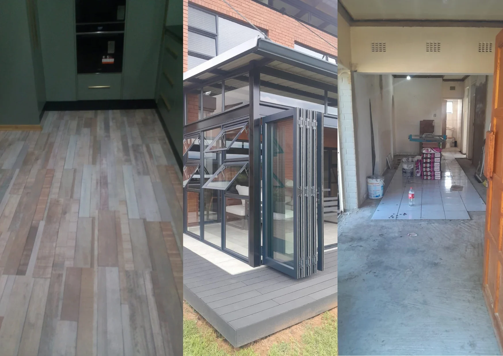 Collage showing a renovated interior with wood-look flooring, a modern glass sunroom, and a tiled hallway under construction.