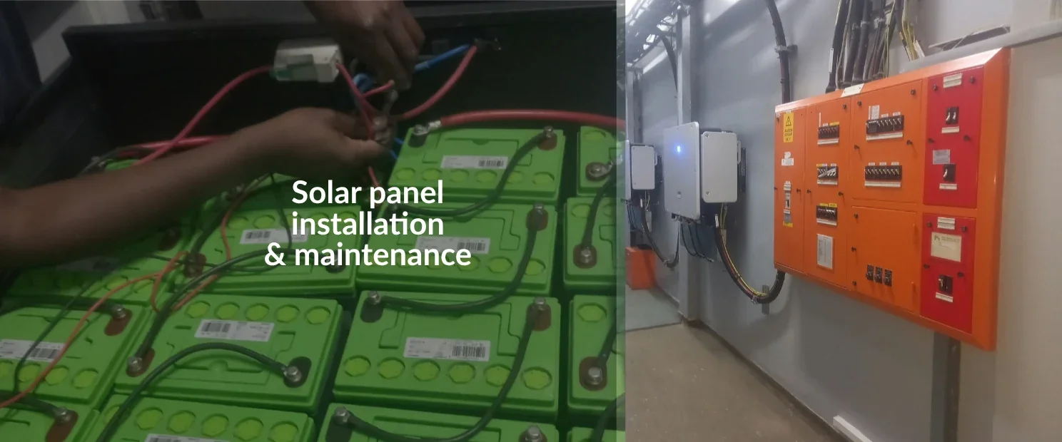 Solar panel installation and maintenance showing technicians wiring a battery bank and industrial solar power equipment.