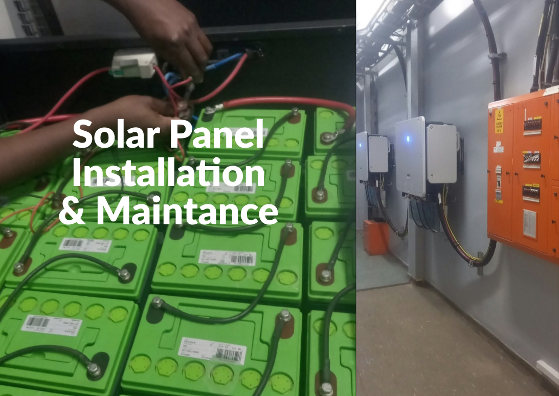 Solar panel installation and maintenance showing technicians wiring a battery bank and industrial solar power equipment.