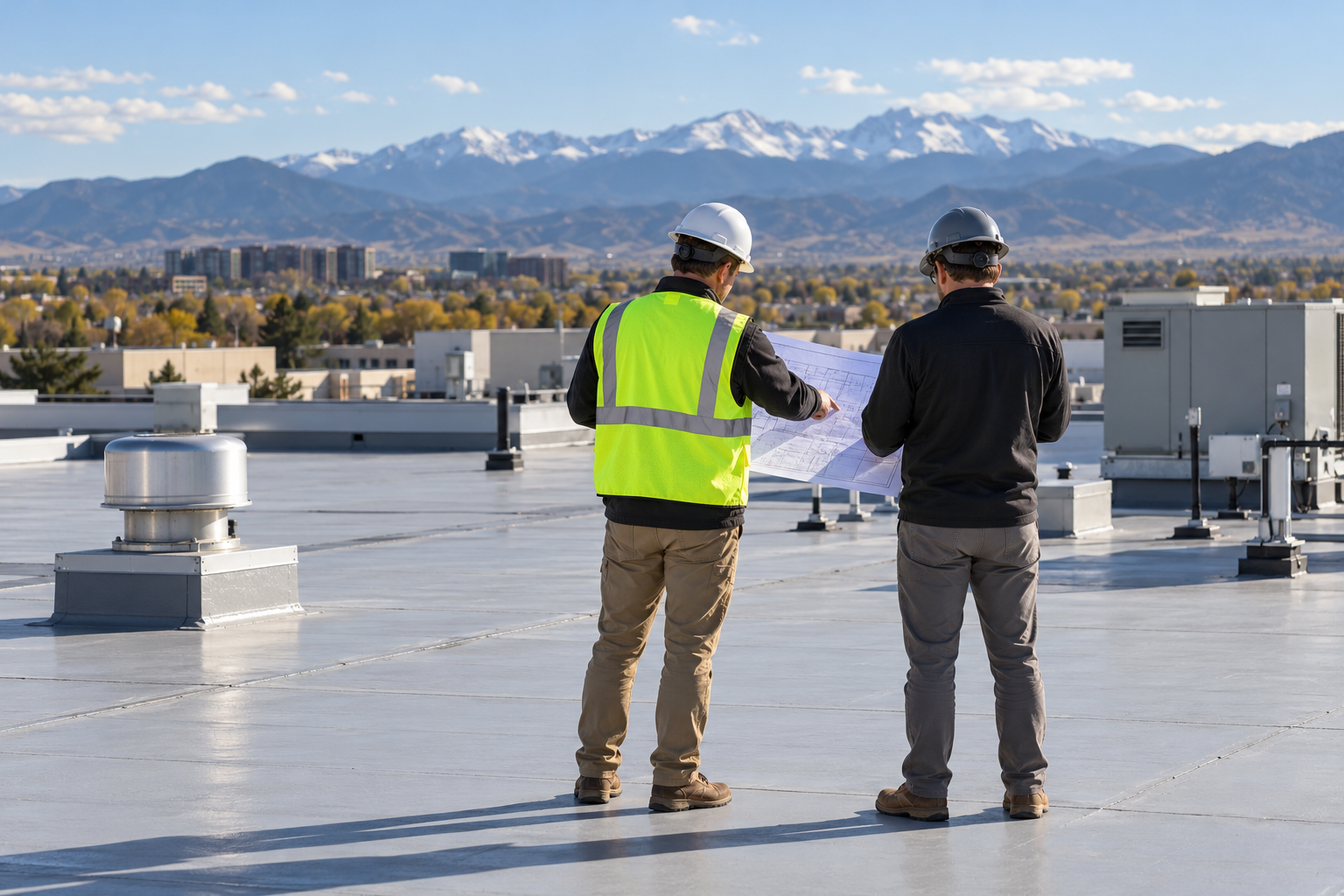 Illustrative roofing professionals reviewing a commercial roof plan, viewed from behind