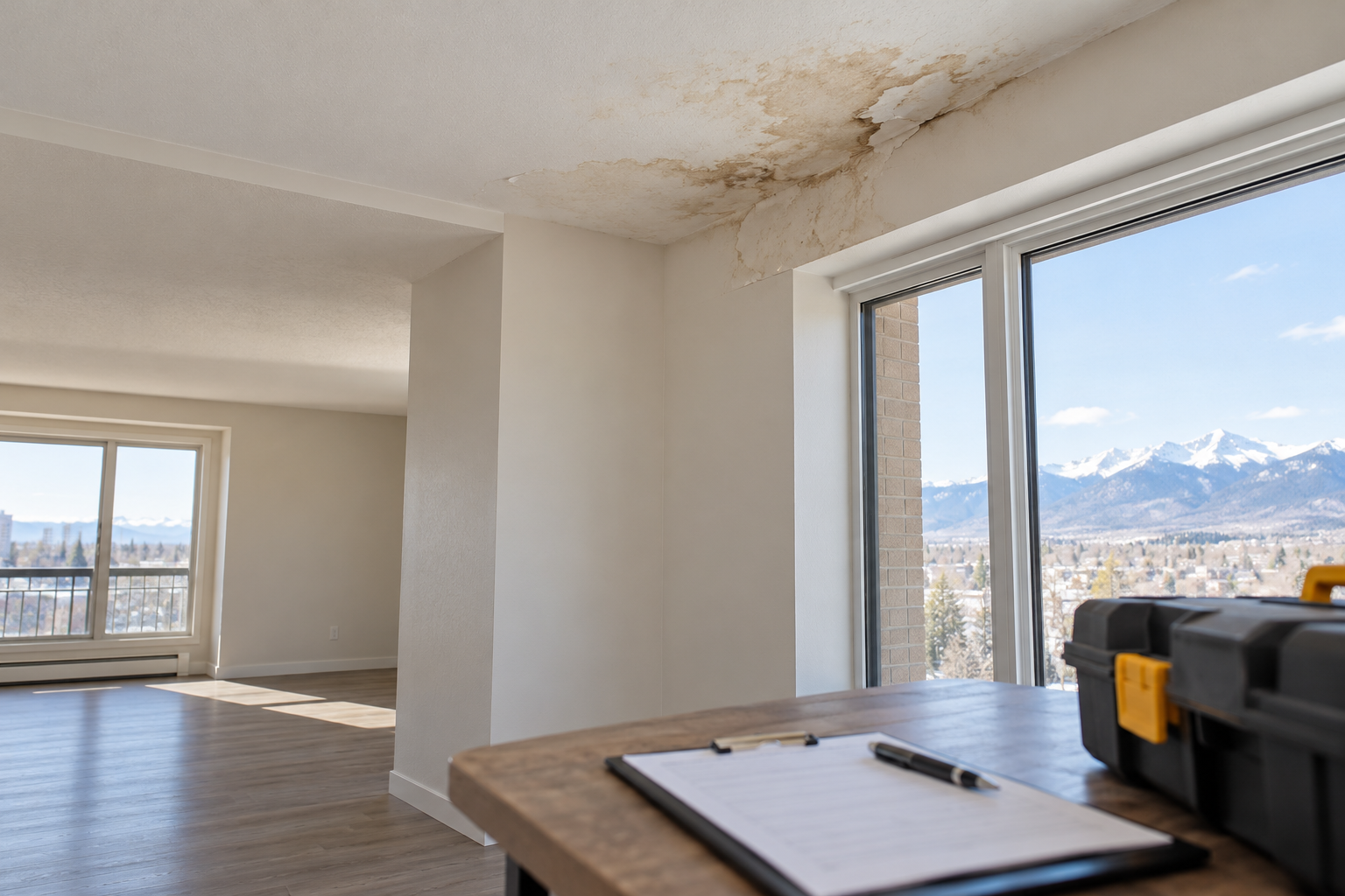 Illustrative apartment ceiling leak concern near an exterior window
