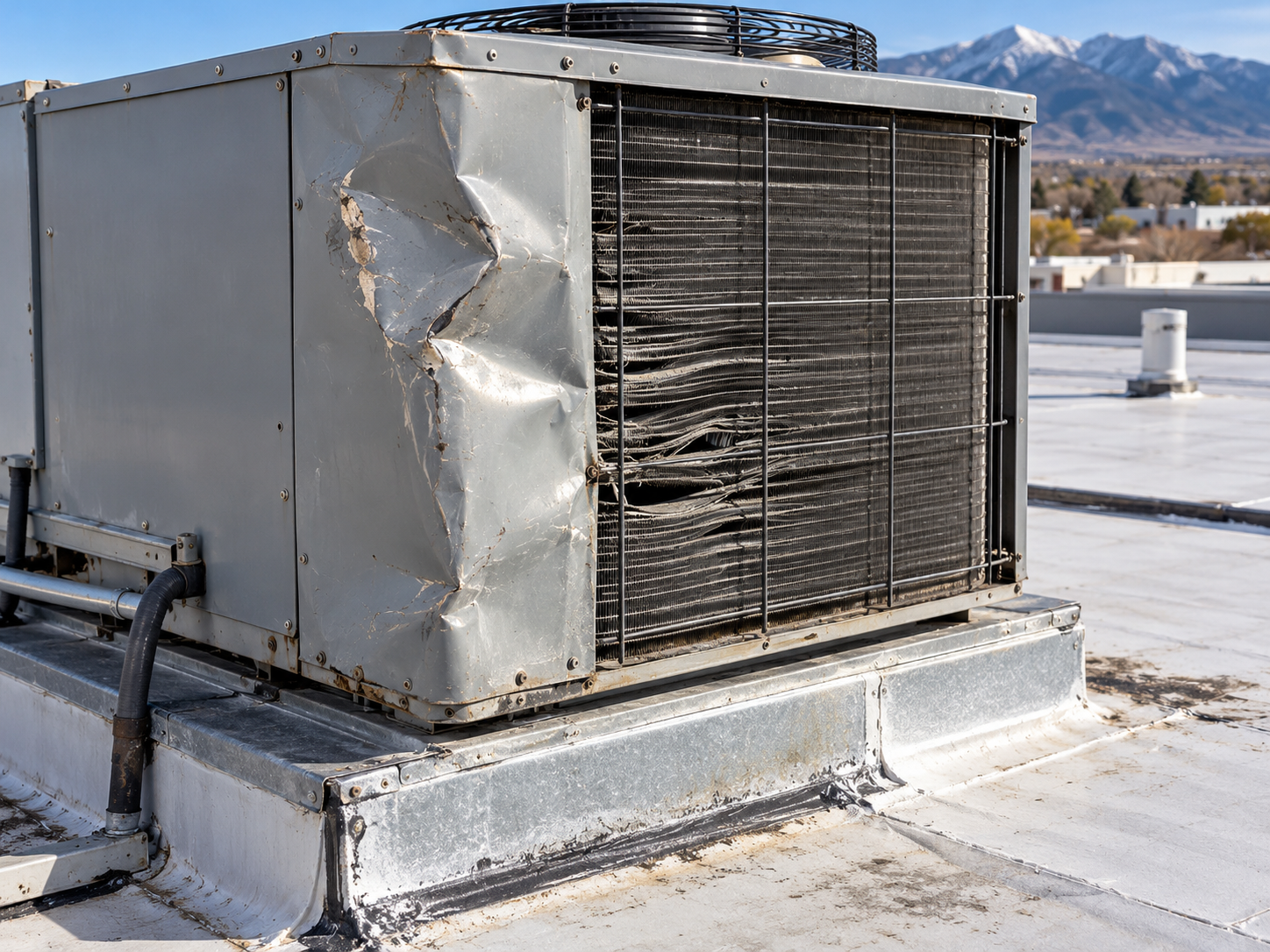 Illustrative damaged rooftop HVAC cabinet and condenser fins on a commercial roof