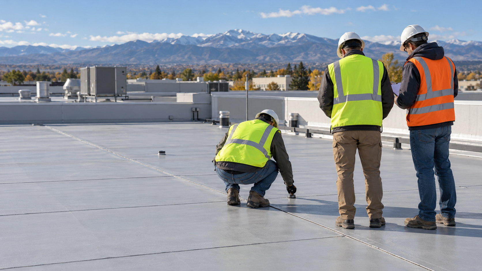 Illustrative scene of a commercial flat-roof inspection team, viewed from behind