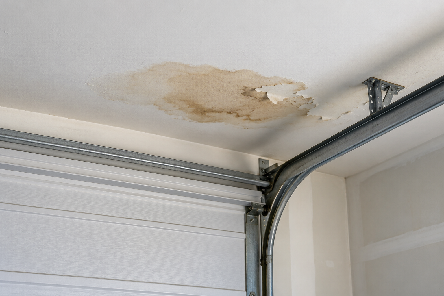Illustrative garage ceiling water stain near a garage door track