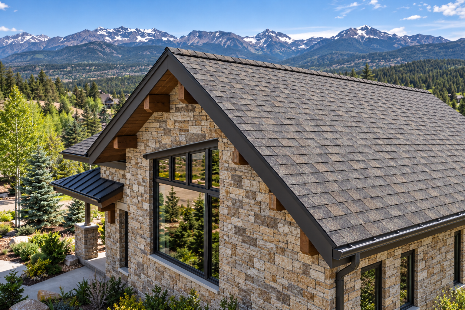 Illustrative stone-and-timber mountain home with shingle roofing, pine trees, and Rocky Mountain backdrop
