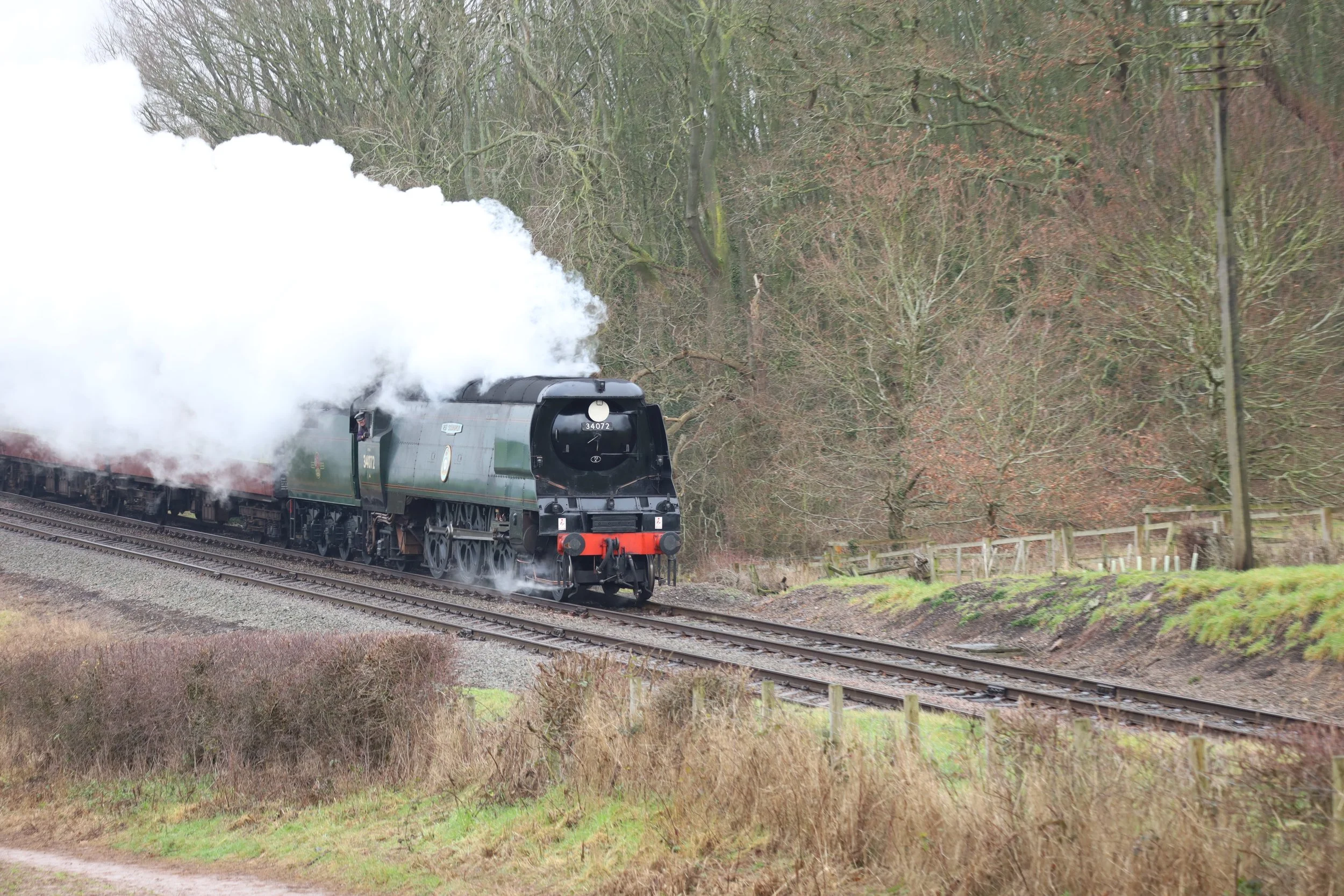 A vintage steam locomotive train traveling on railway tracks through a wooded area with leafless trees, emitting white steam.