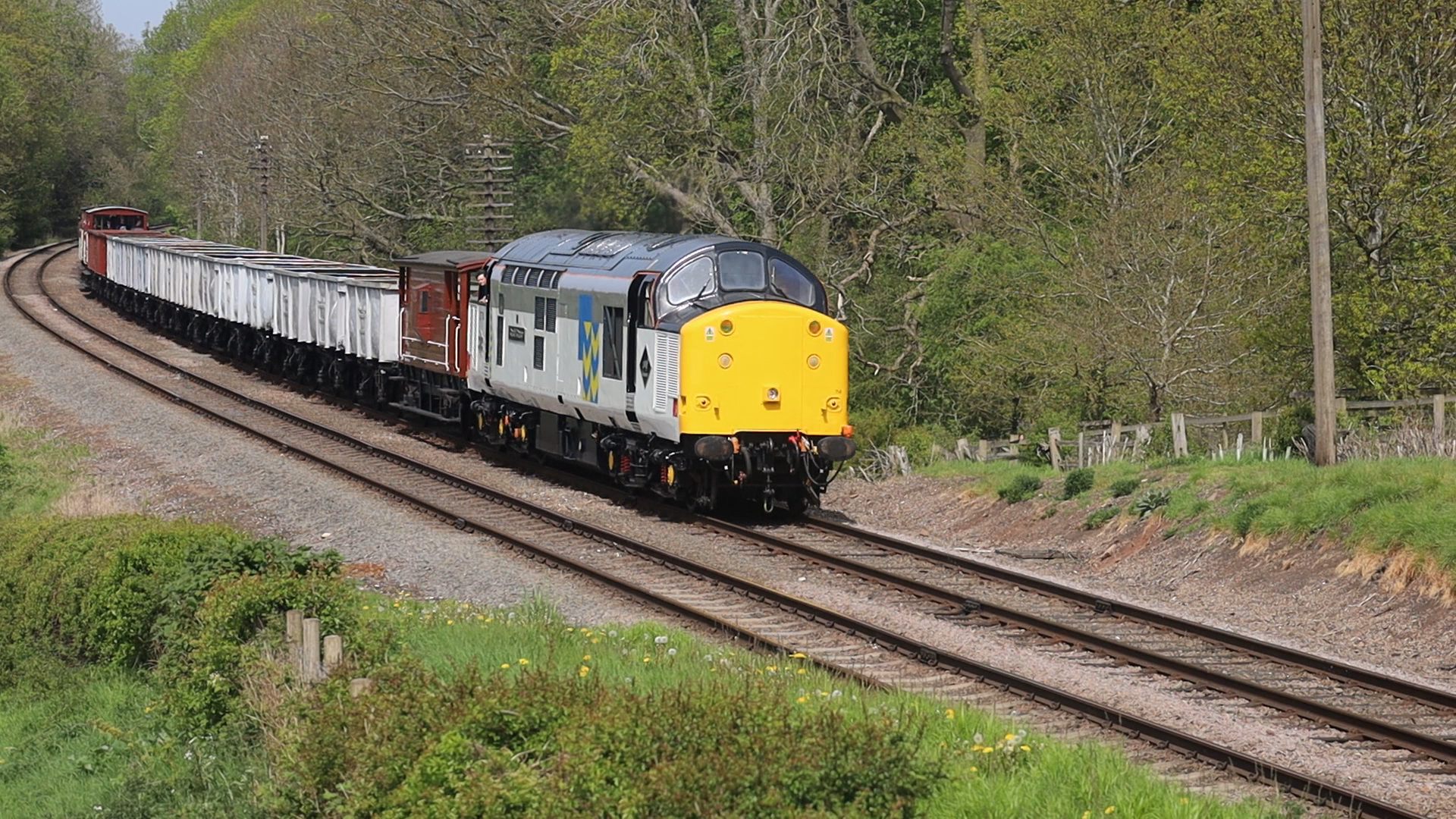 A train with a black and yellow front and a gray body with a blue emblem on the side, traveling on railroad tracks surrounded by green trees and grass.