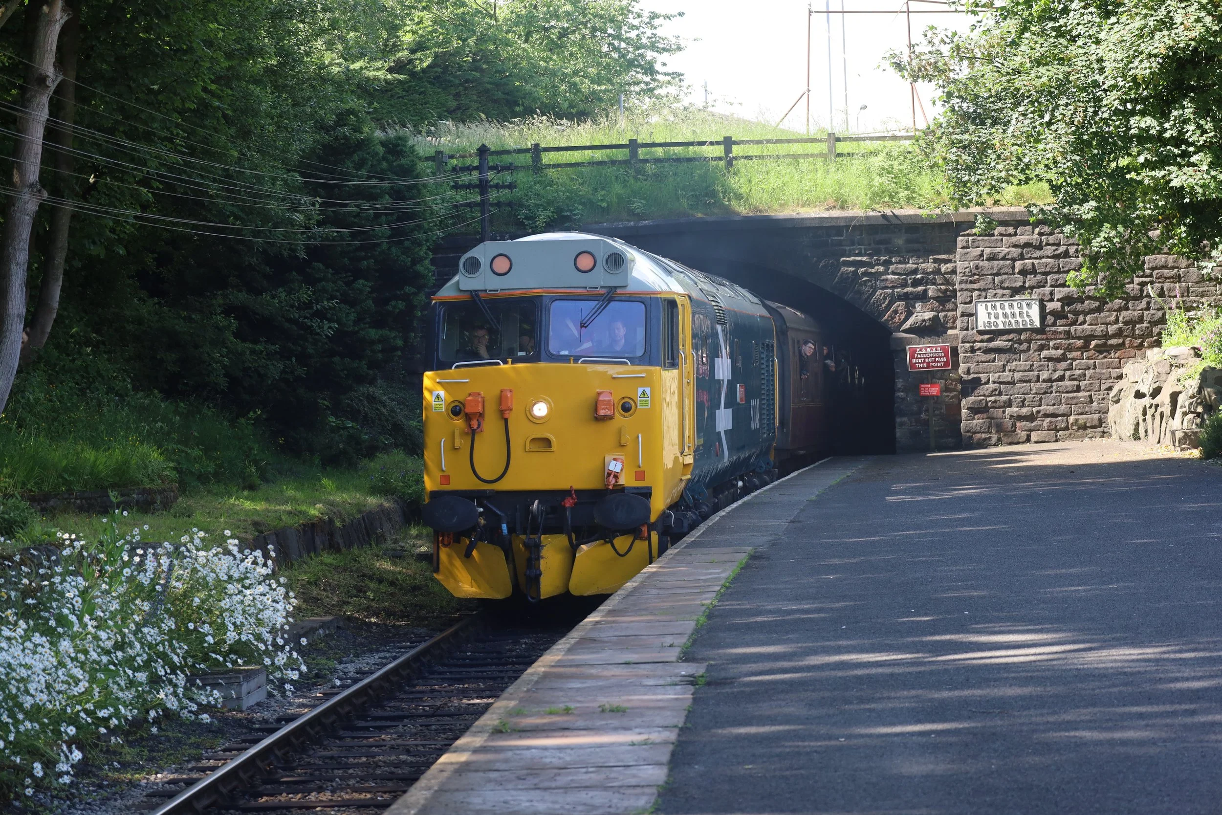 A yellow and gray train emerging from a tunnel under a stone bridge, surrounded by green trees and grass.