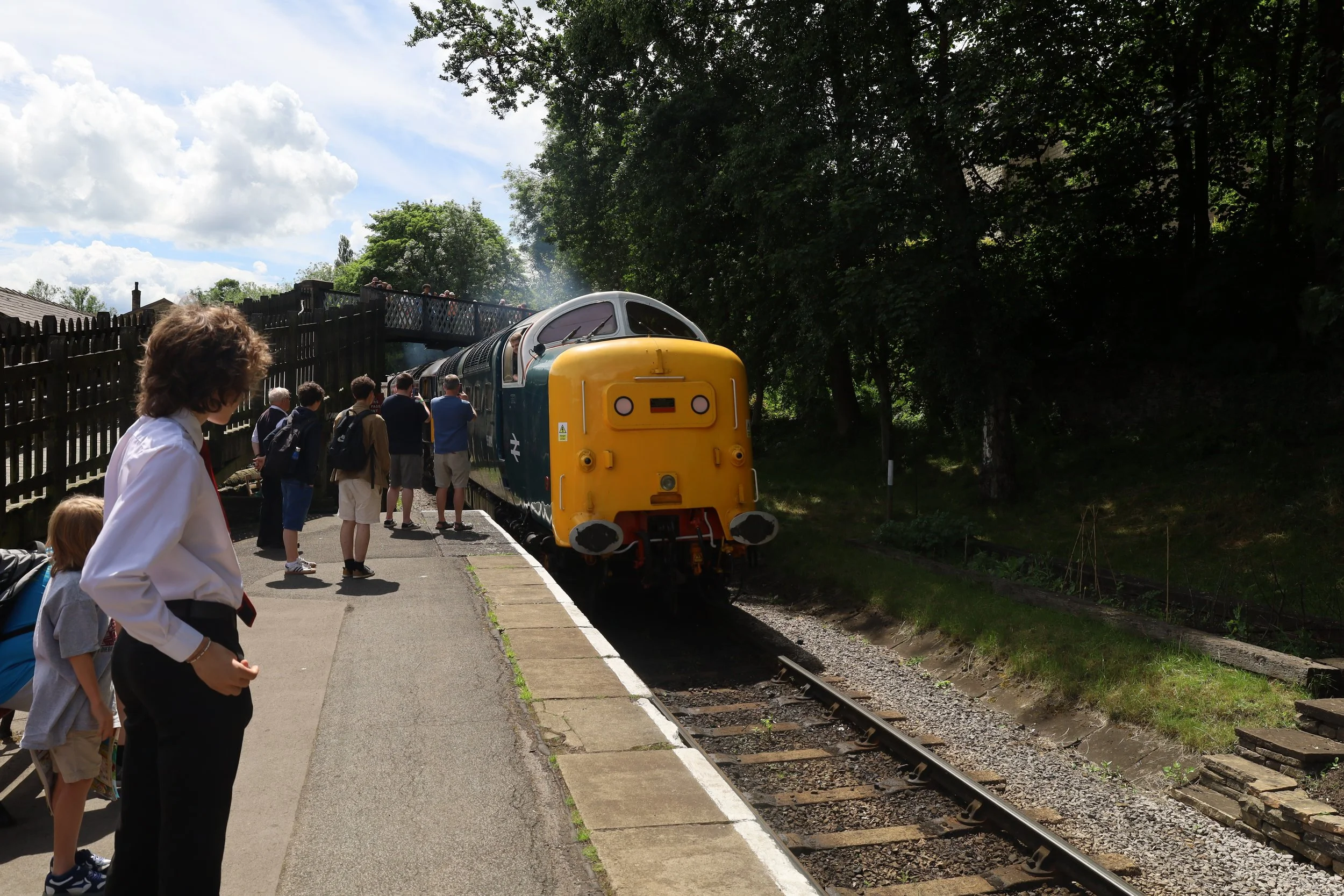People waiting on a train platform as a vintage blue and yellow train arrives, surrounded by trees on a sunny day.