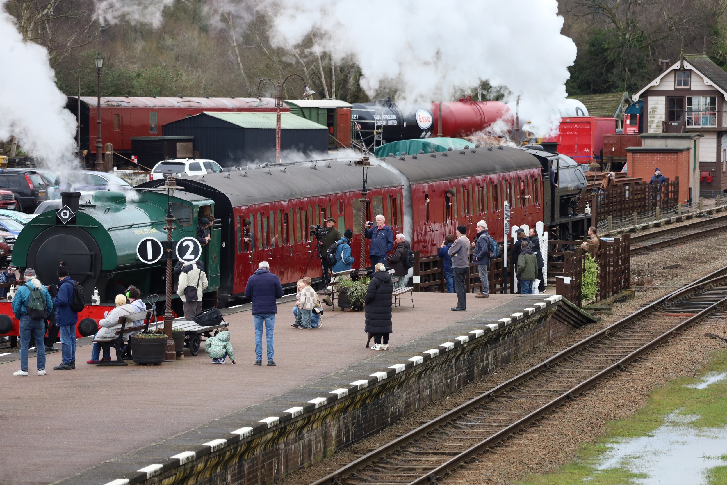 Steam locomotive train arriving at a station with people waiting on the platform and smoke billowing from the engine.