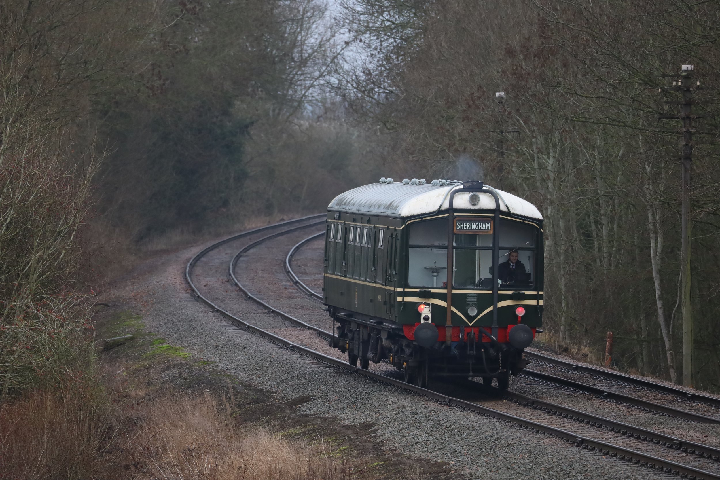 Vintage green train traveling through a wooded area with leafless trees, with a sign displaying 'SHERINGHAM'.