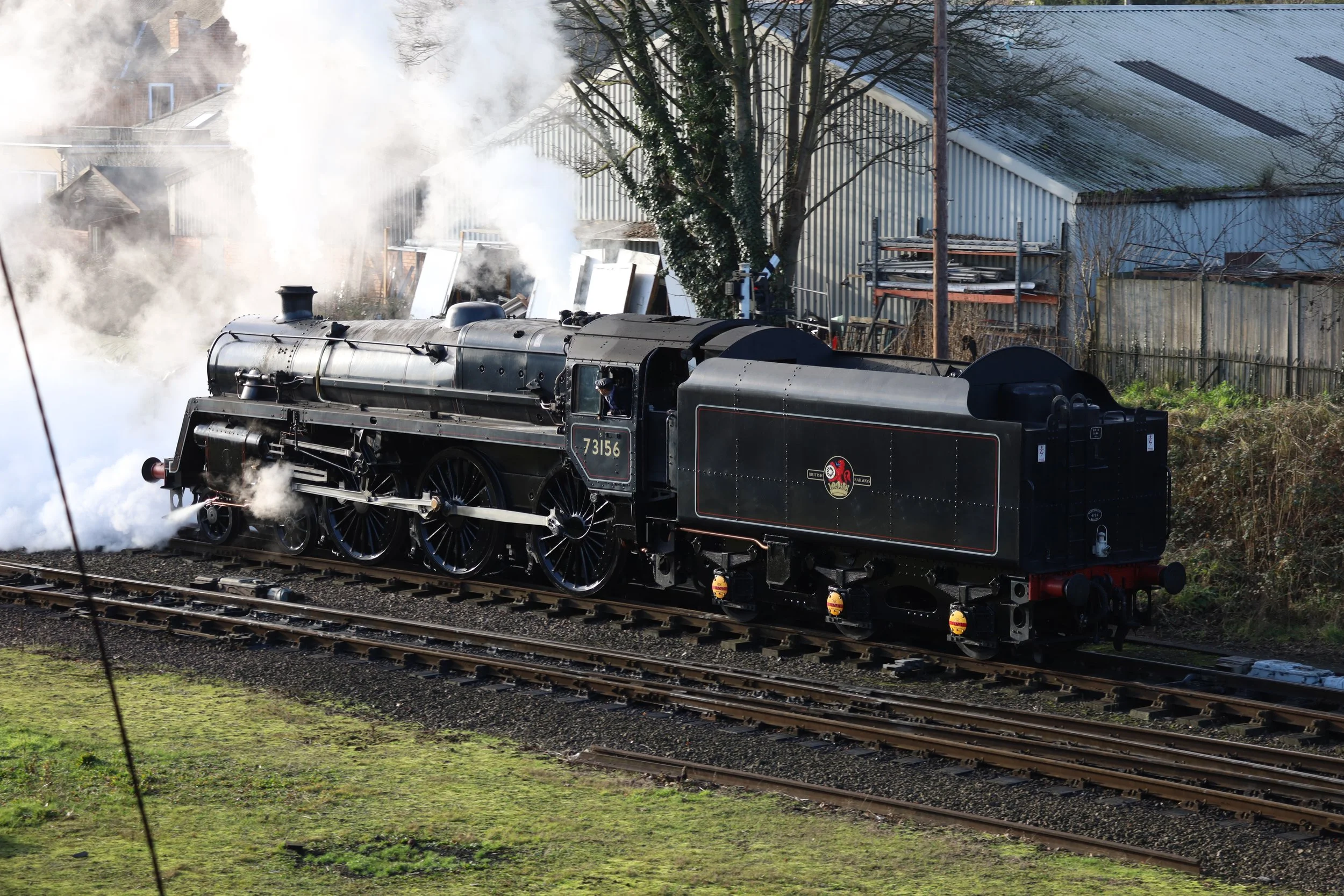 A vintage black steam locomotive train moving along the tracks, with steam billowing from it, in a residential area with houses, trees, and metal storage racks in the background.