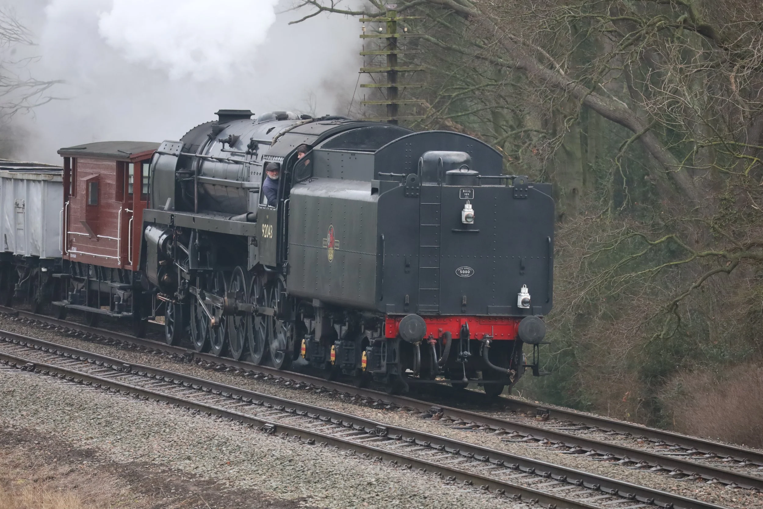 A vintage black steam locomotive train traveling on railway tracks in a wooded area with leafless trees, emitting smoke from its chimney, and a conductor visible in the cabin.