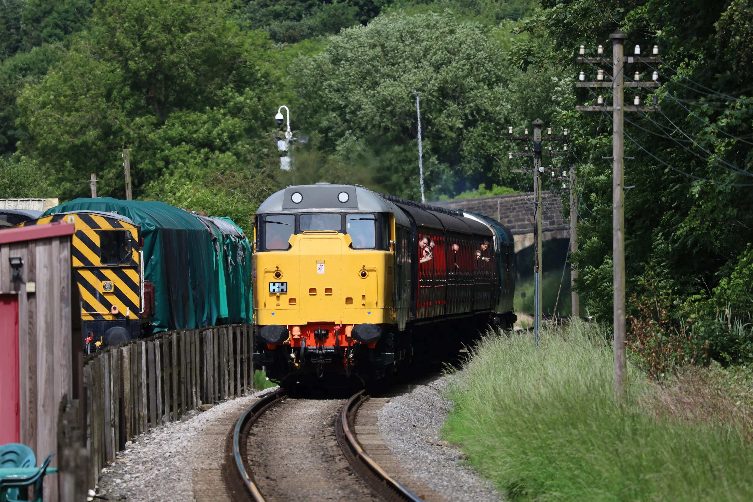 A yellow and black train traveling on a curved railway track through lush green trees and power lines.