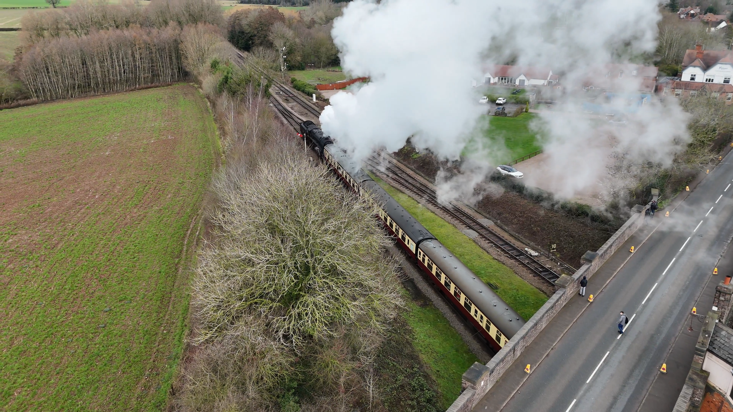 A train moving along railroad tracks with steam billowing out, passing close to a residential area and a field with trees.