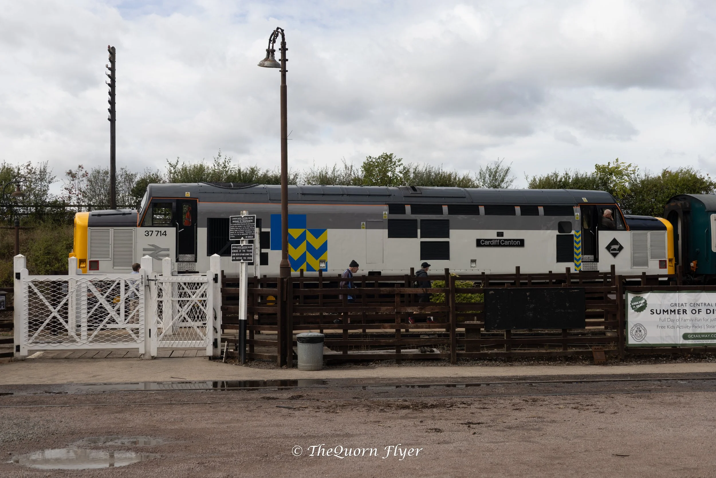 Train labeled 'Cardiff Canton' on railway tracks, surrounded by white and brown fencing, with trees and cloudy sky in the background.